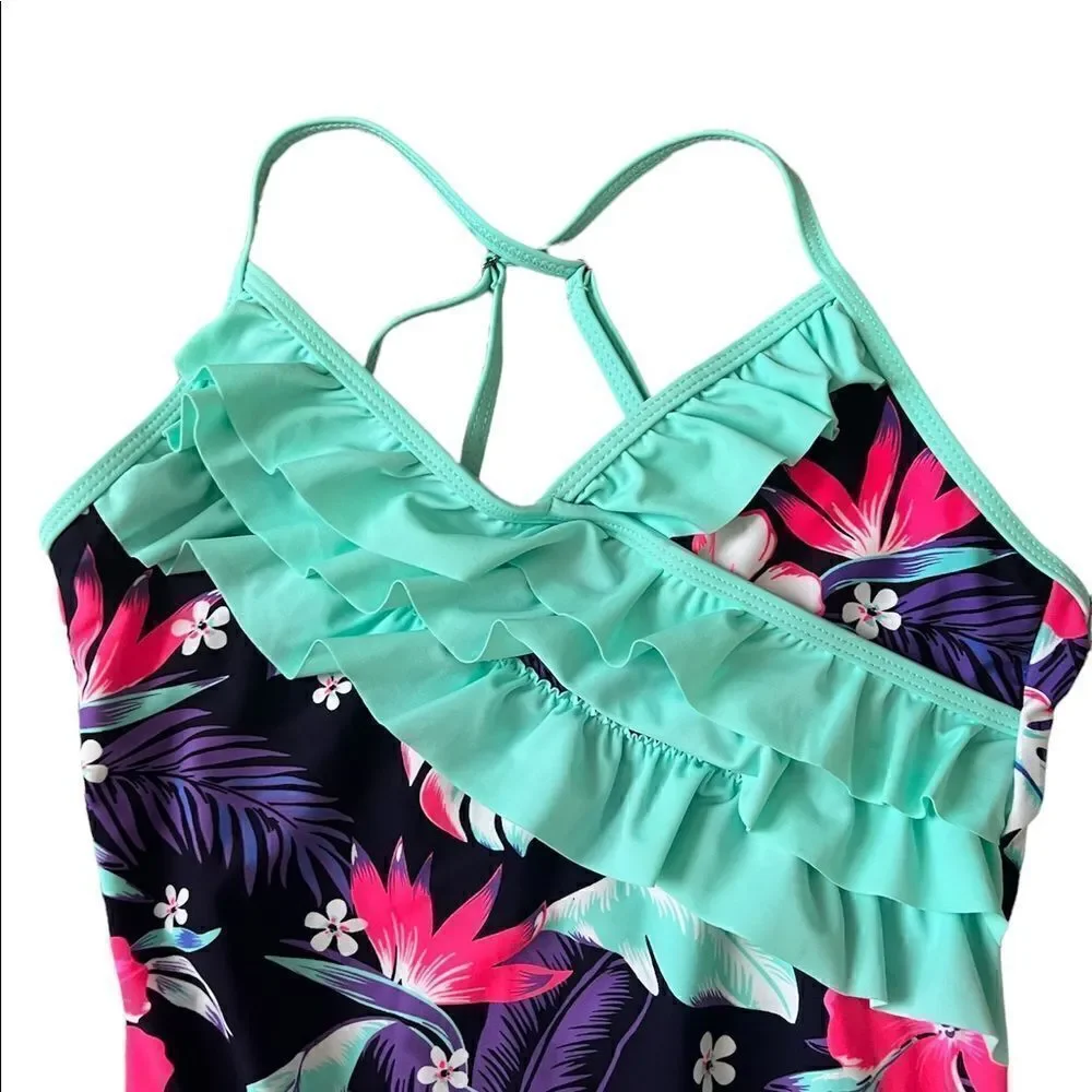 Girls One Piece Swimsuits Ruffle Swimwear Beach,Purple size 13//14